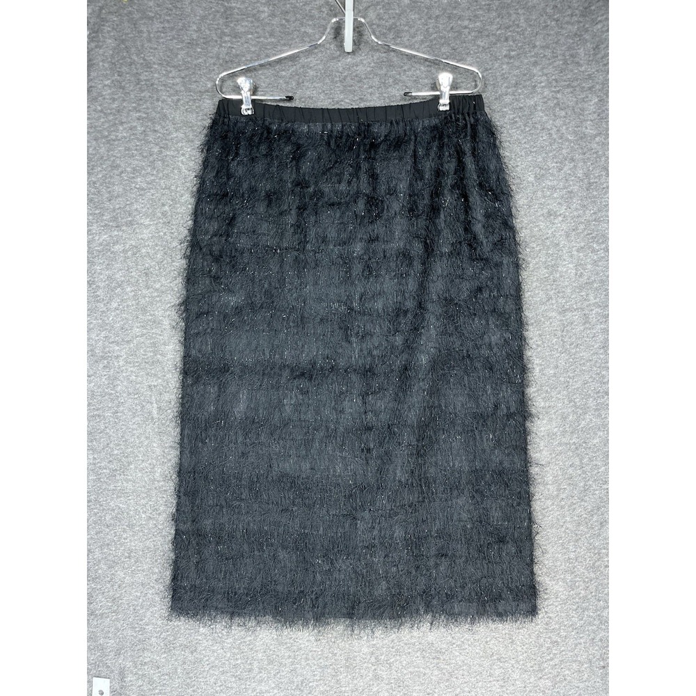 Vintage Skirt Womens M Black Eyelash Fringe Flapper Straight Midi Elastic Waist